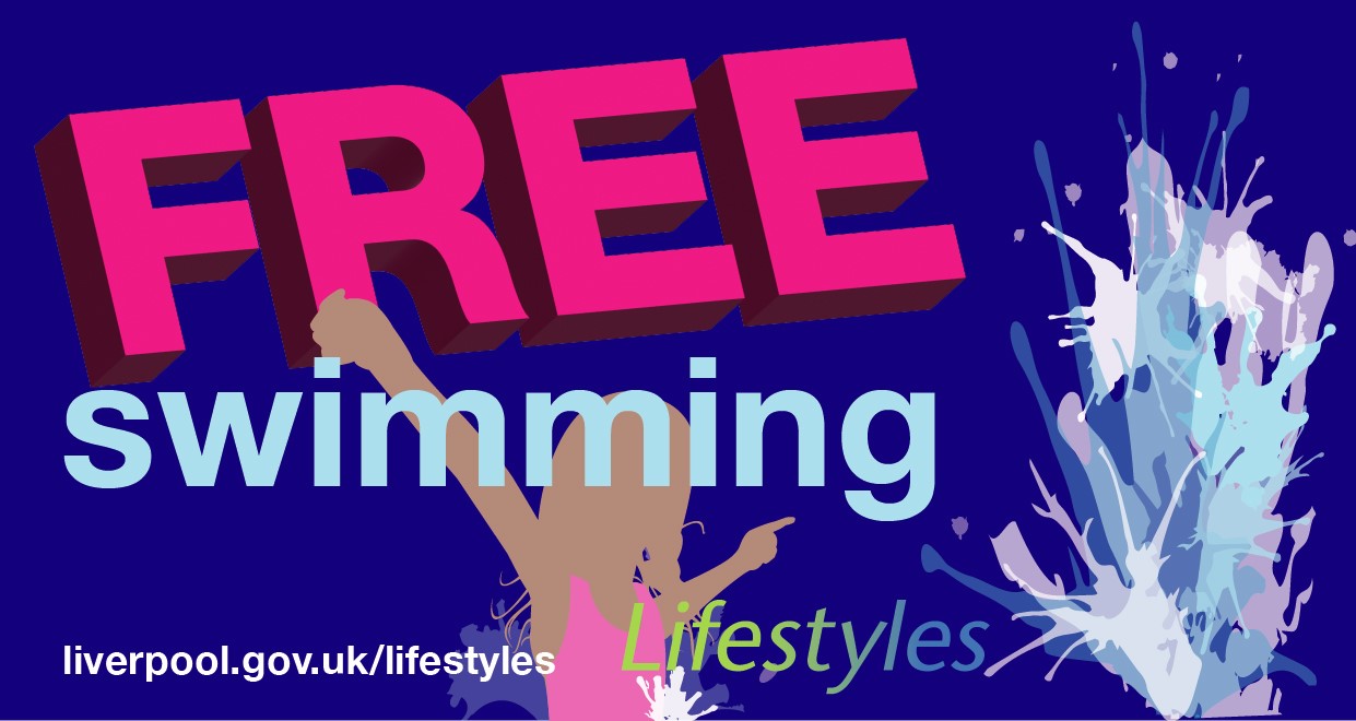 blue block, pink FREE and blue text says swimming - beige silhouette of a little girl, promotes free swim
