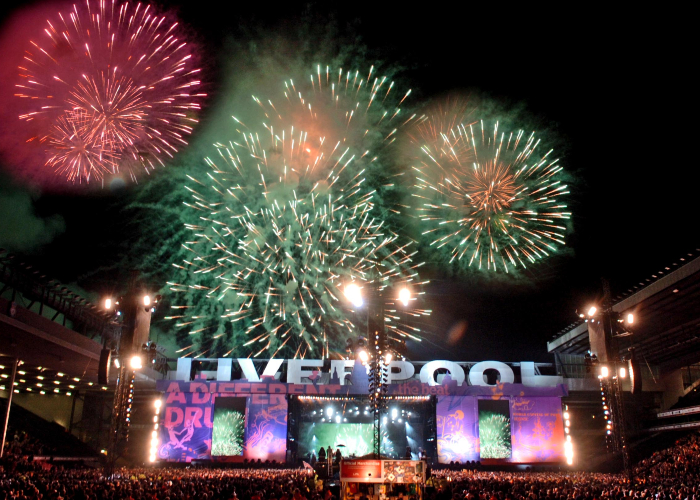 Paul McCartney performing at Liverpool Sound concert at Anfield Stadium