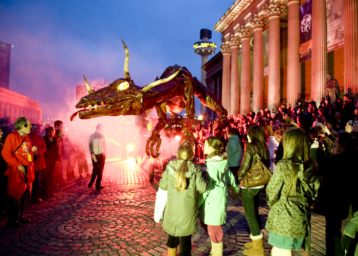 Dragon puppet roaming St George's Hall Plateau entertaining the crowds