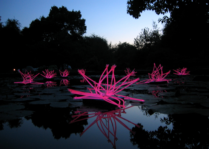 neon pink sculpture floating on a large pond