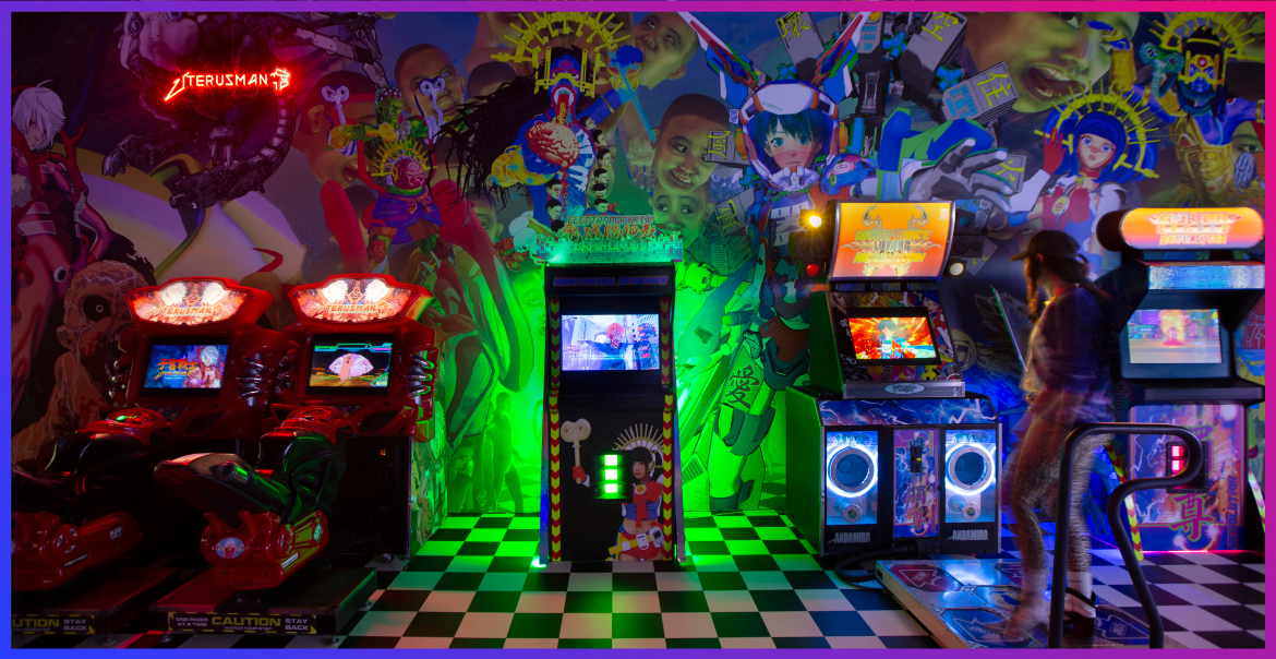 Picture of a colourful arcade that forms part of the LuYang NetiNeti at Zabludowicz Collection Installation at FACT Liverpool