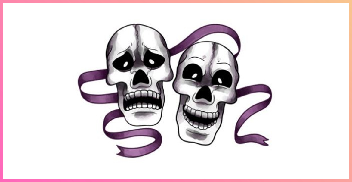 Iconic comedy and tragedy theatre masks in skull form, with a purple ribbon