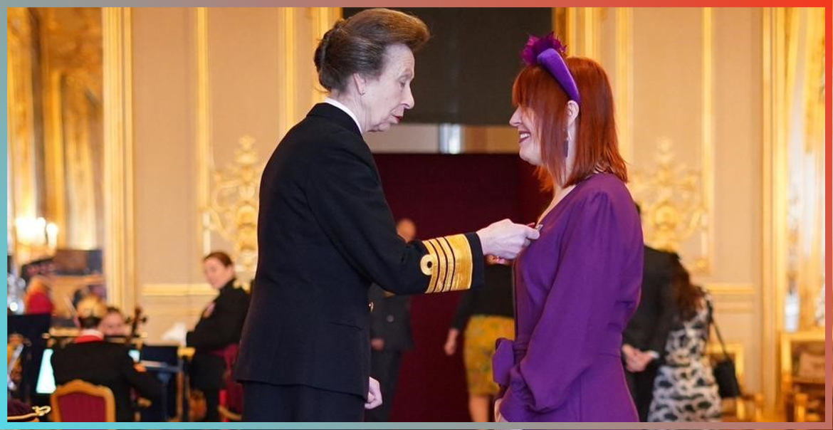 Claire McGolgan inside Windsor Castle receiving her CBE from Princess Ann