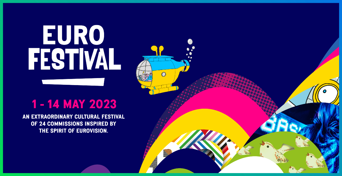 Blue backgroumd with a graphic submarine with the words Euro Festival