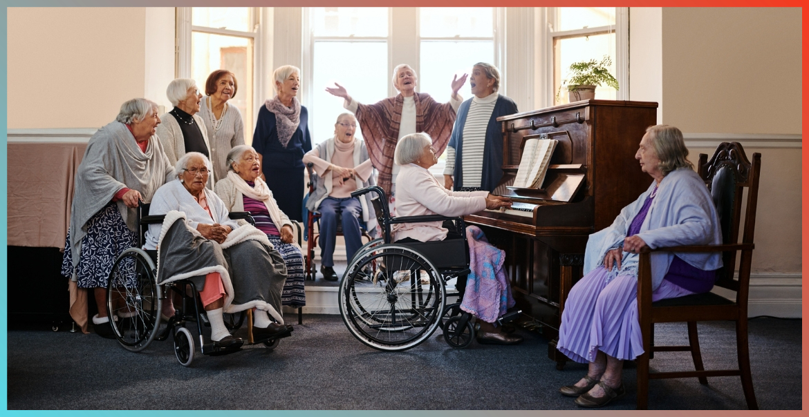 Shot of a group of senior women singing together and playing the piano at a retirement home
