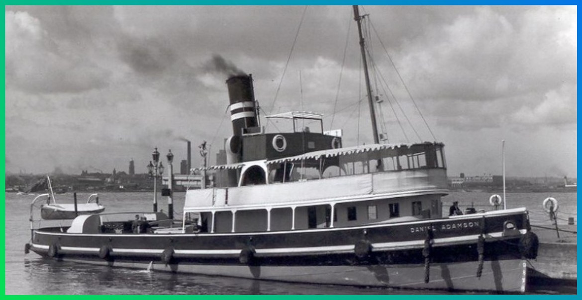 Black and white image of the Daniel Adamson steam ship