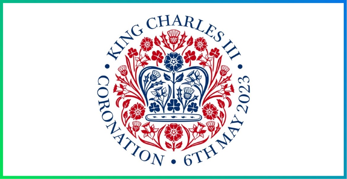 King Charles Coronation logo featuring a blue crown and red flowers