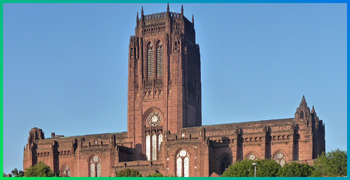 An image of the exterior of Liverpool Cathedral on a sunny, clear sky day.