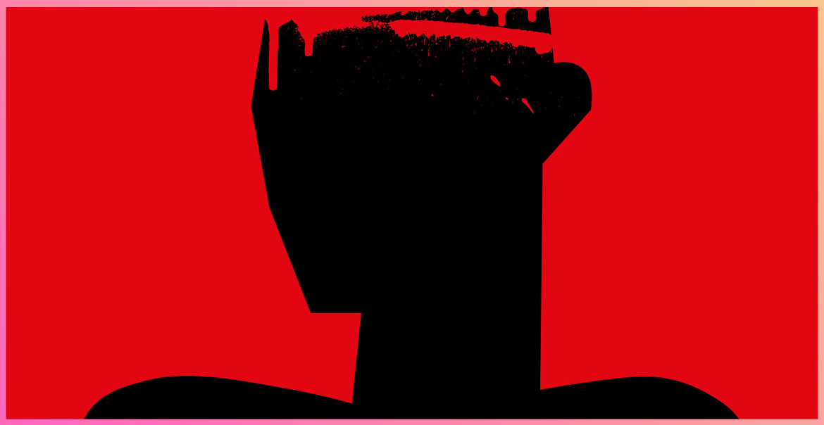 Macbeth poster with red background with black silhouette of a person's head and shoulders.