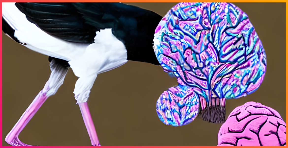 An artwork featuring a bird and colourful cartoon brains.