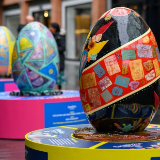 Four large egg sculptures part of the Pysanka Egg display in Liverpool One high street.