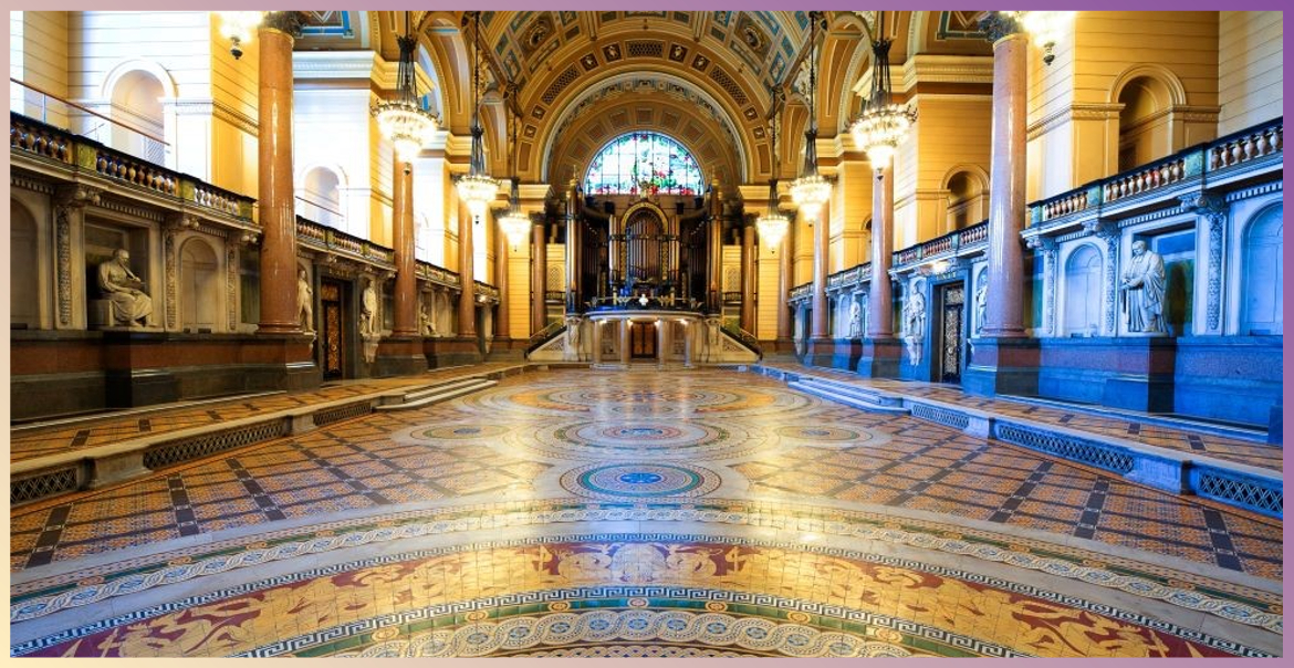 The interior of St George's Hall with the floor tiles on show.