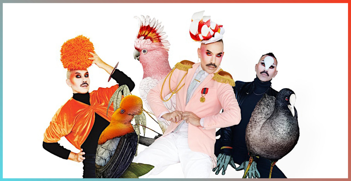 Artwork featuring people dressed with feathers.