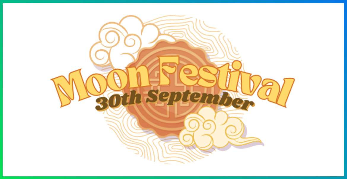 Moon Festival graphics featuring orange cartoon clouds and yellow text.