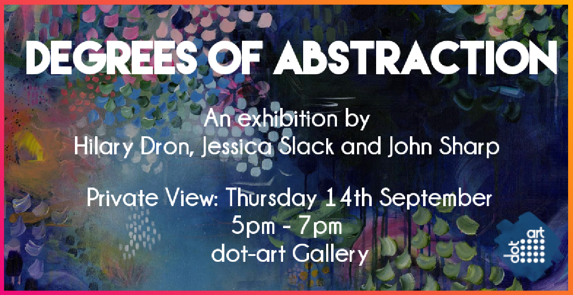 'DEGREES OF ABSTRACTION' exbition artwork featuring floral patterns and white text.