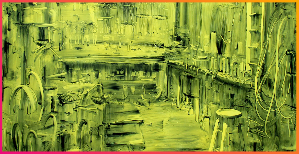 Light Industry by Graham Crowley featuring green and yellow paint depicting a room with a stool.