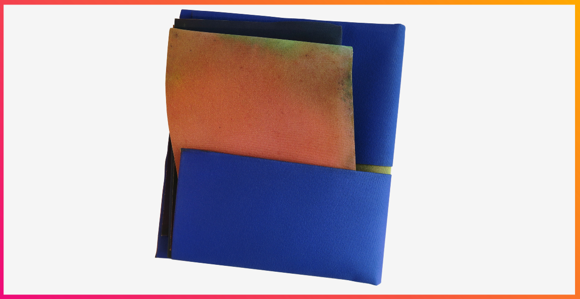 A textured pieced of art in blue and orange colours.