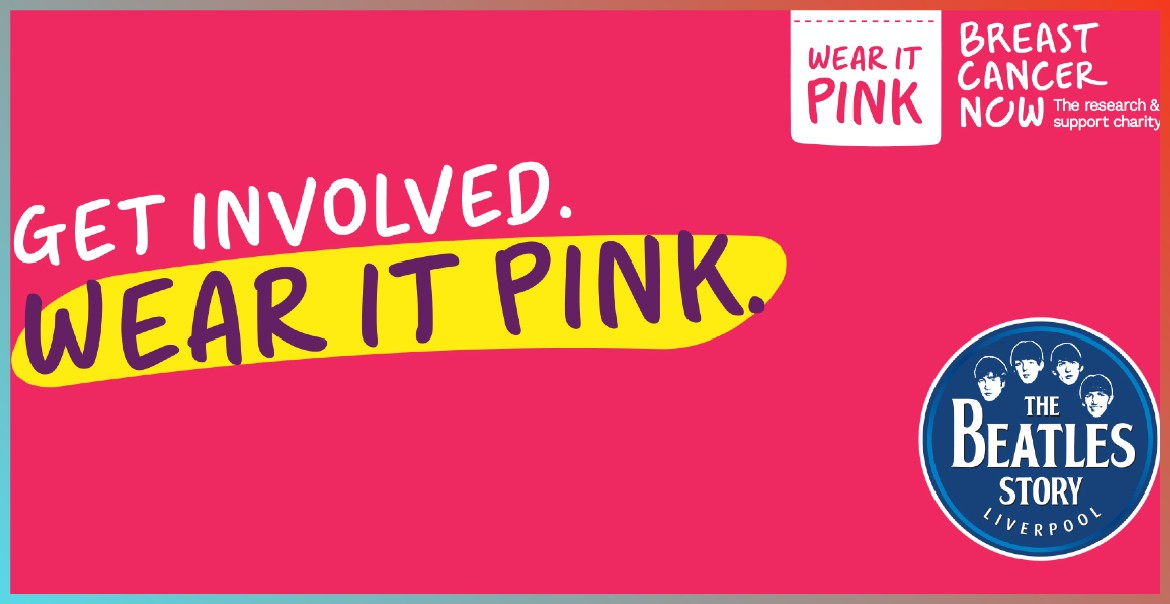'Get Involved. Wear it pink' graphic artwork with The Beatles Story logo.
