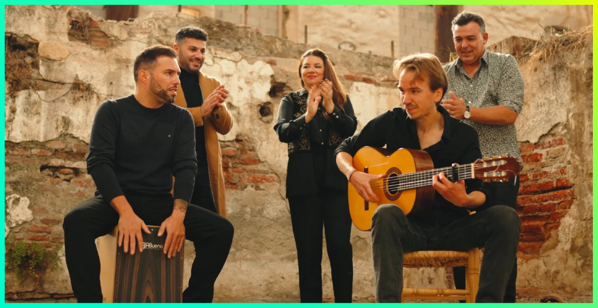 A flamenco band playing their instruments.