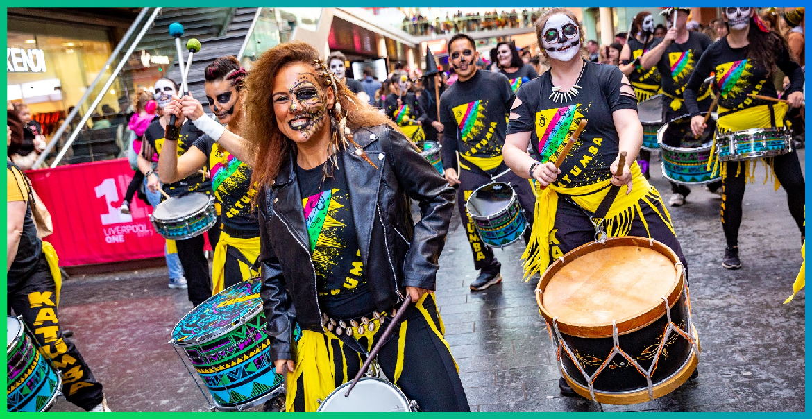 Katumba drumming Halloween parade in Liverpool One.