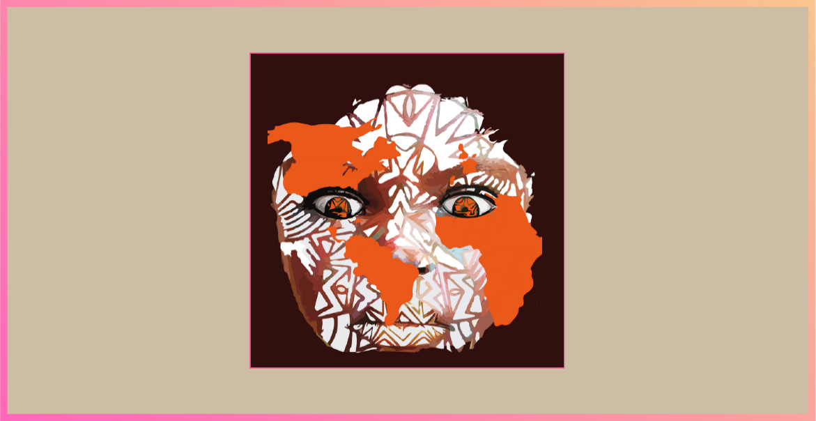 graphic illustration of a face with hues of orange, white and brown