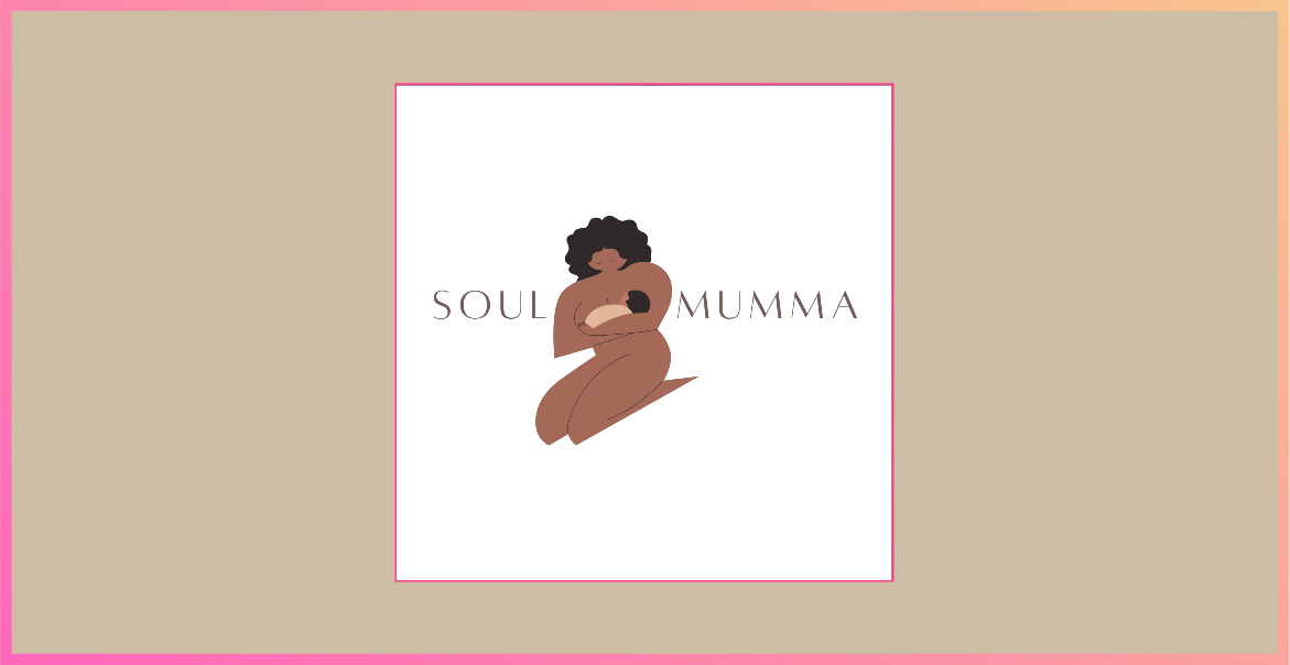 graphic of a woman cradling her baby with the words soul mumma
