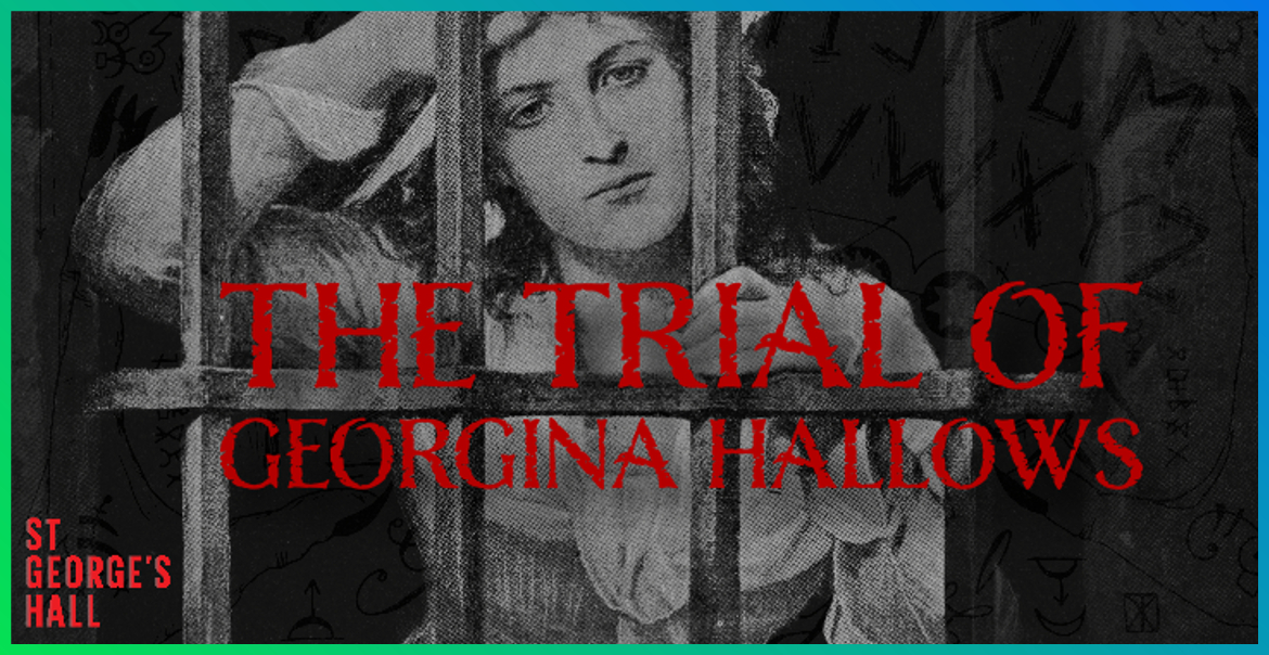 An old image of a Victorian woman behind prison bars. Red text reads "The Trails of Georgina Hallows."