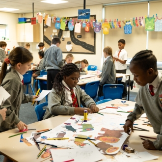 Primary school children and an artist as part of a workshop.