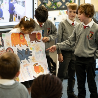 Primary school children and an artist as part of a workshop.