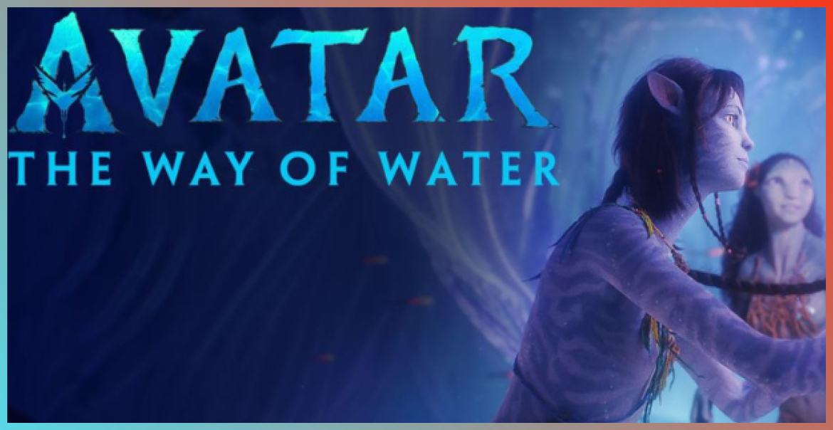 AVATAR THE WAY OF WATER. A still from Avatar The Way of Water movie featuring two human-like, blue creaters under water.