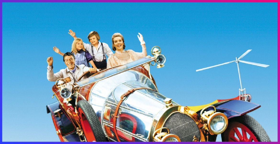 A still from the film Chitty Chitty Bang Bang of a family in a flying car.