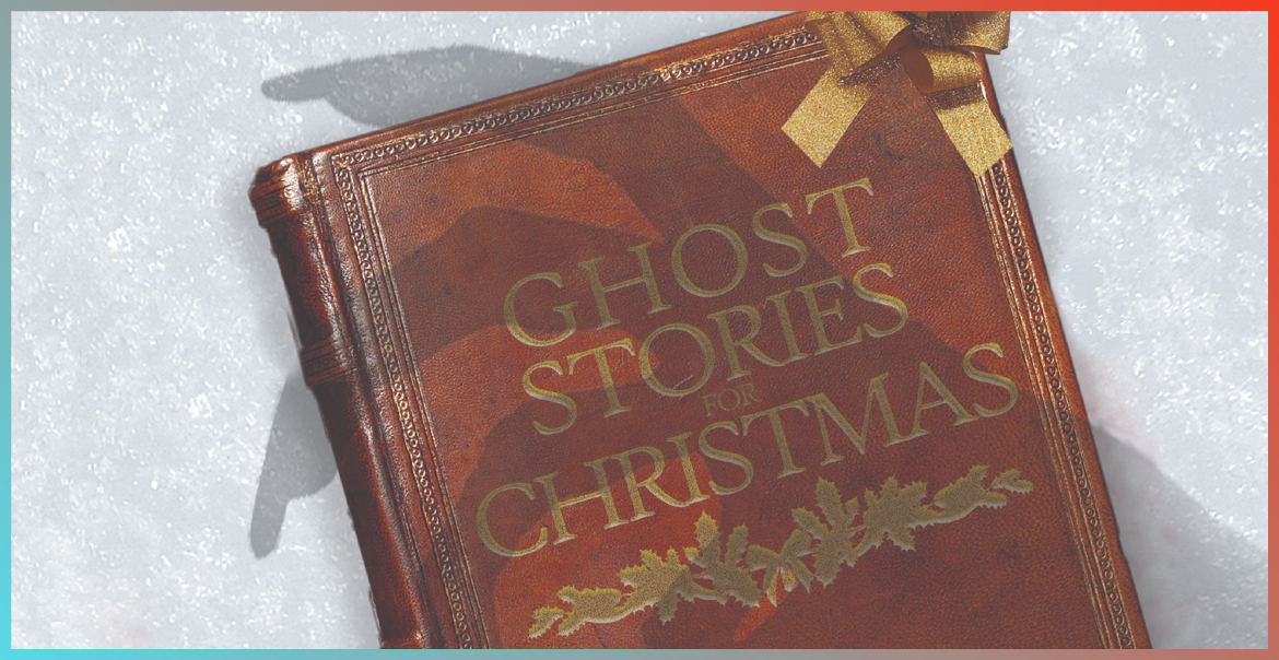 A cartoon book titled "GHOST STORIES FOR CHRISTMAS" lying on snow. A shadow of a hand reaching out is cast on the cover.