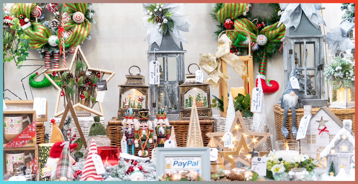 A close-up image of a Christmas stall with Christmas gifts.
