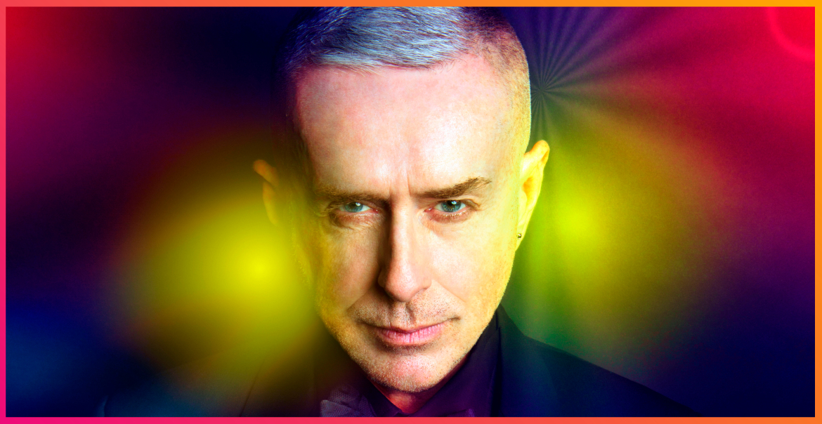 A portrait image of Holly Johnson with bright, yellow lights behind them.