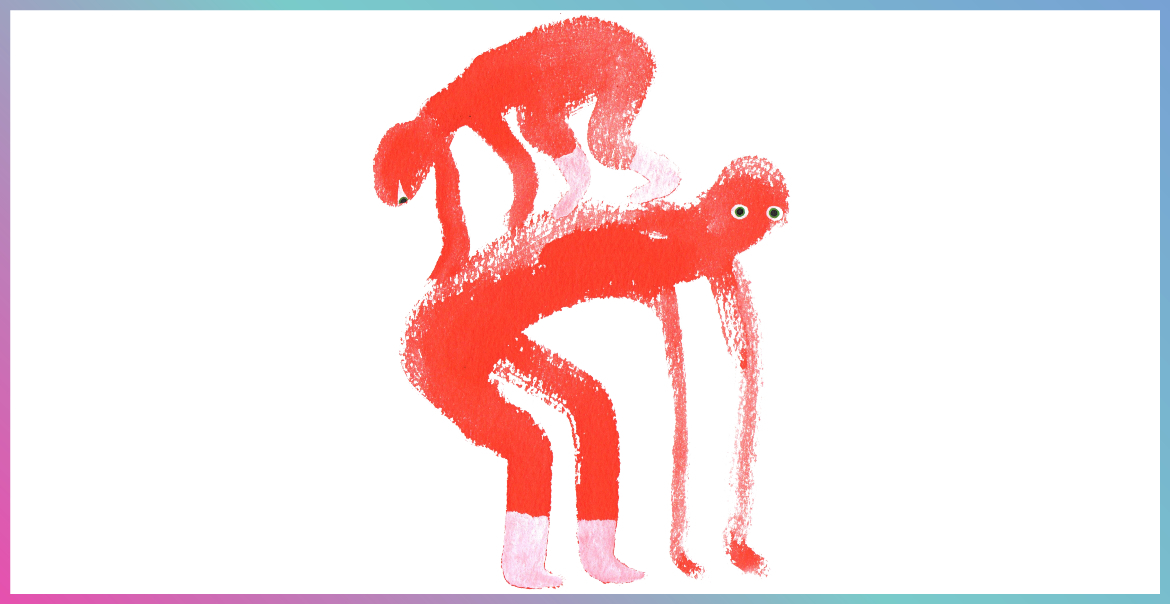 A drawing of two orange human-like creatures.