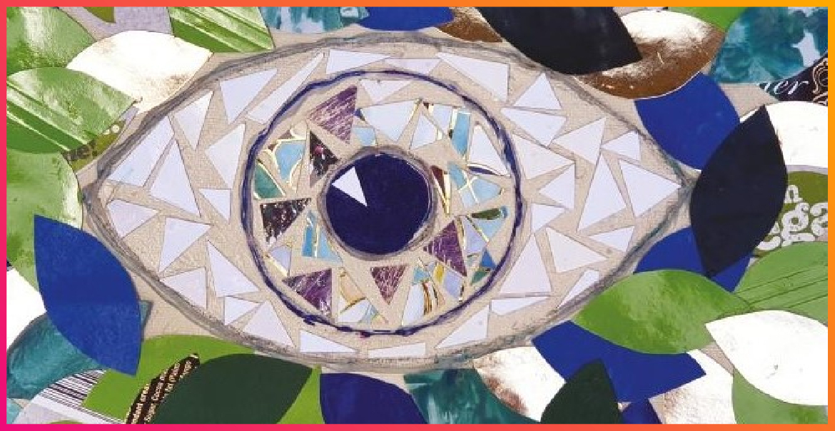An artwork of an eye made out of collaged blue, green and white materials.