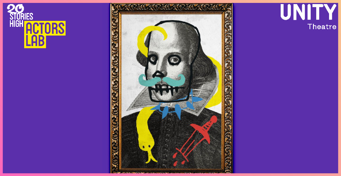 Artwork featuring a purple background and a framed image fo Shakespeare with colourful graffiti over his face of a moustache, sword, and more cartoonish icons.