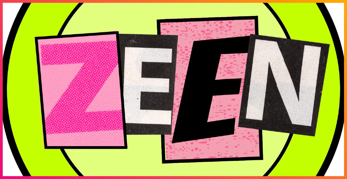 A logo featuring a green circle and pink, black and whtie text reading "ZEEN".