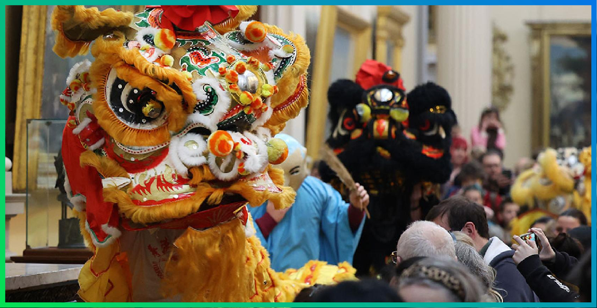 A Chinese Lion parade taking place in Lady Lever Gallery.
