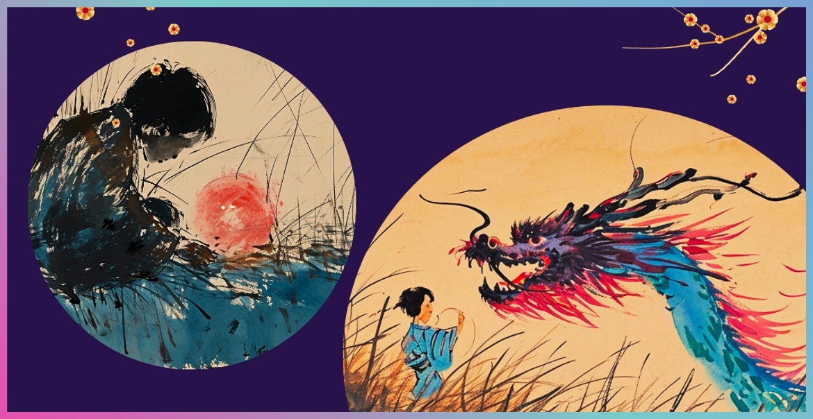 beautiful graphic illustration of a dragon and a little boy with a pearl depicting the 2024 Lunar New Year in Liverpool