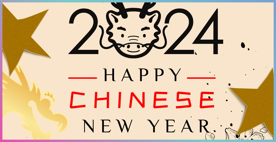 Graphic artwork featuring stars and text 2024 Happy Chinese New Year.