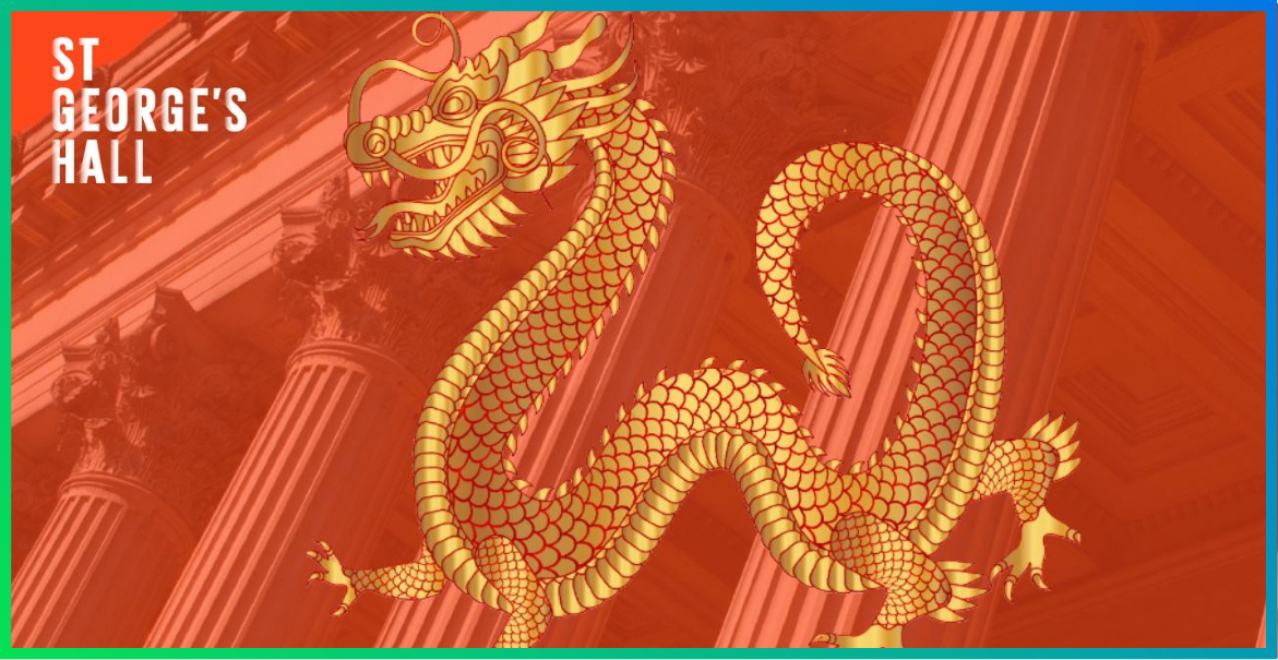 Chinese New Year Gala Dinner artwork featuring a red background and a dragon.