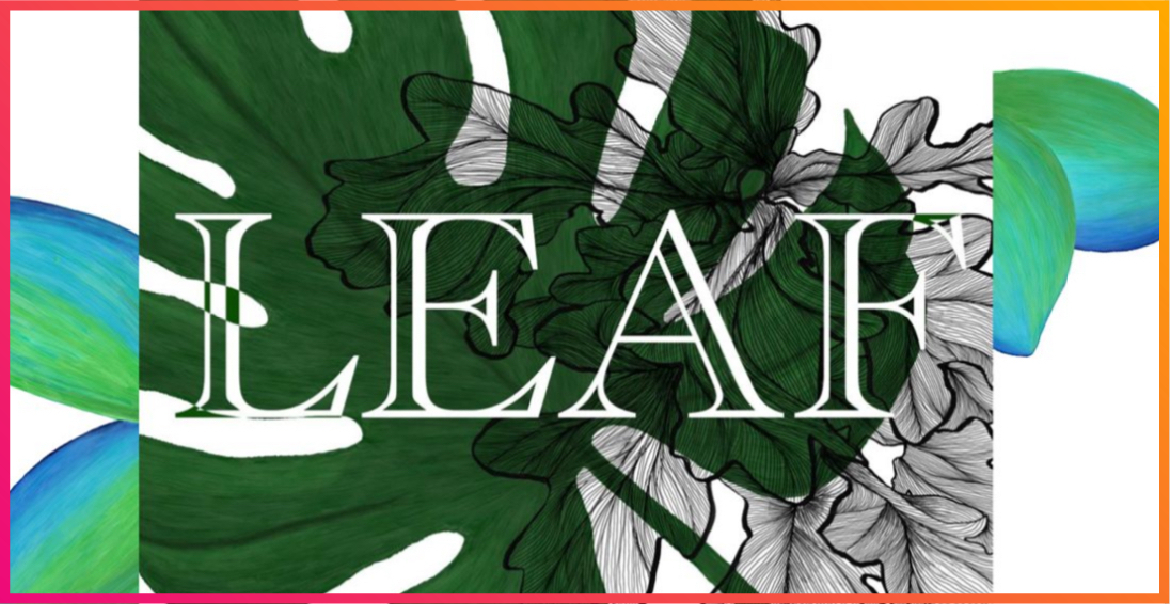 Graphic artwork for LEAF exhibition with illustrations of green leaves.