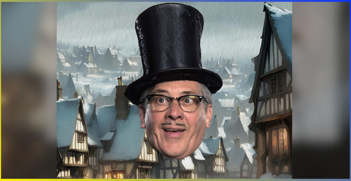 An image of Count Arthur Strong's face with a top hat in a Victorian-style village.