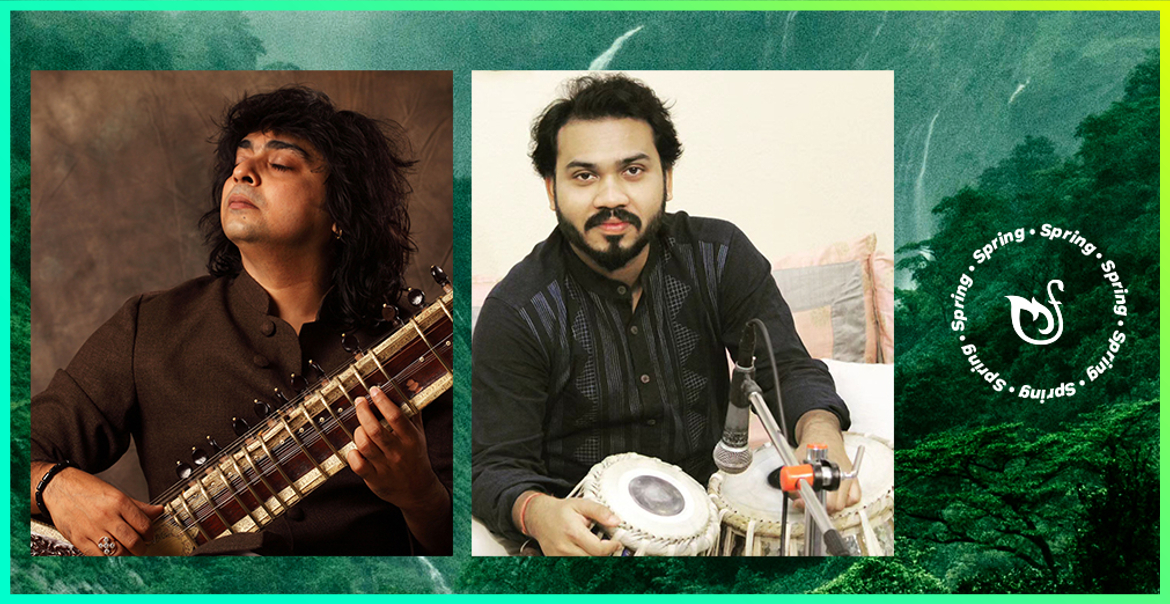 Two separate images of musicians collaged against a green background.