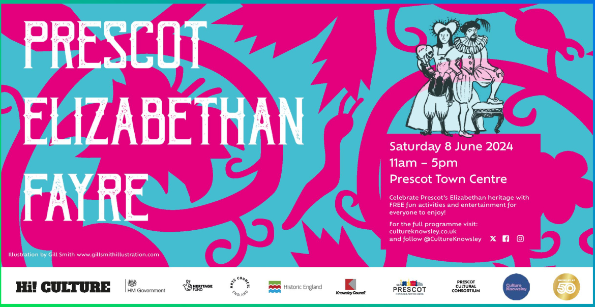Graphic artwork for Prescott Elizabethan Fayre. featuring vibrant pink and blue patterns.
