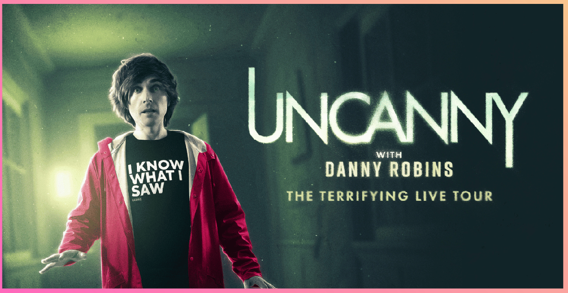 An image of a man looking scared as part of graphic artwork for Uncanny show.