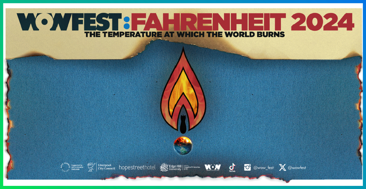 WoWFest 2024 graphic artwork featuring a burning piece of paper. Featuring text: FAHRENHEIT 2024 - THE TEMPERATURE AT WHICH THE WORLD BURNS " plus an illustrated flame.