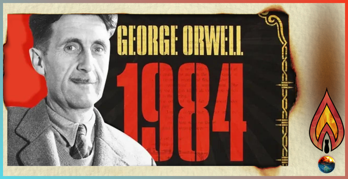 An image of George Orwell with '1984' in big, red text.