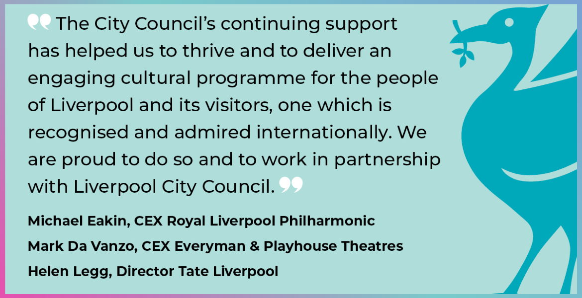 a graphic containing a joint statement by Royal Liverpool Philharmonic, Everyman & Playhouse Theatre and Tate Liverpool in support of arts and culture